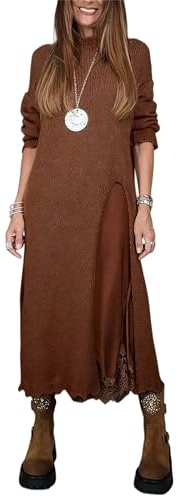 Abito da donna a collo alto in pizzo, stile casual, scollo rotondo, ampio, a maniche lunghe, a maniche lunghe, Marrone, XS