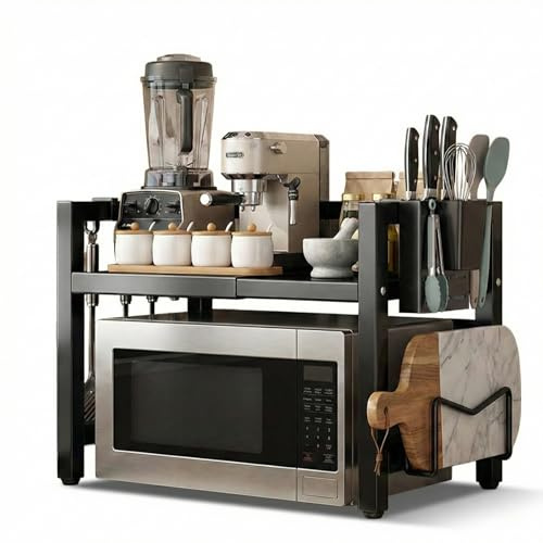 ANGAHE creating moments | Soporte Microondas Extensible Estantería Microondas Acero al Carbono Bandeja Lateral 6 Ganchos 2 Soportes Utensilios Mueble para Microondas Cocina Carga Superior hasta 20Kg.