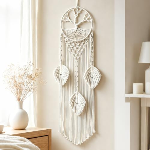 Meenewching livets träd drömfångare, makramé väggbonad av bomull, väggdekoration handvävd, vintage hemdekoration, gobeläng boho för sovrum, vardagsrum, kontor och entréhallar