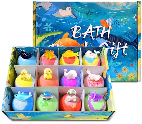 Bath Bombs for Kids, 12Pcs Ocean Toy Bath Salt Ball with Surprise Inside, Ocean-Themed Easter Basket Stuffers Easter Egg Fillers, 60g Each