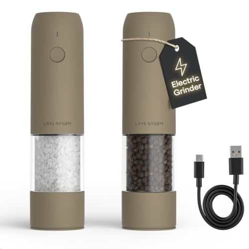 LARS NYSØM Molinillo de Sal y Pimienta Eléctrico Set de 2, Recargable USB-C, Molinillo Automático con Molienda Ajustable, Mecanismo Cerámico, Luz LED, Rellenable (Taupe Brown)