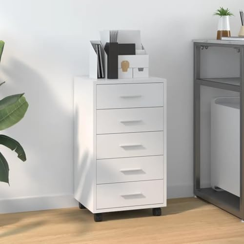 YunCangg Lådskåp med hjul högglansigt vitt av trämaterial 33 x 38 x 63 cm med 5 lådor och bromsar flexibelt förvaringsutrymme för kontor, barnrum, vardagsrum, kök och hall