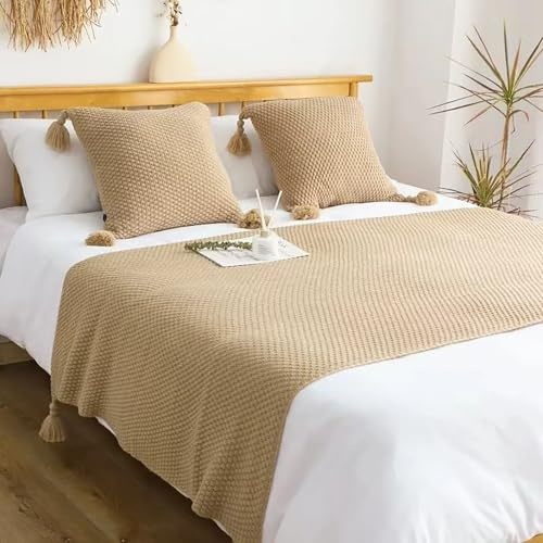 LRUPVEG Sólido De Punto Corredor De La Cama con Borla Vintage Decorativo Final De La Cama Bufanda para El Hotel Sala De Estar Sofá Lanza Cubre Sofá Manta(A-Khaki,80 * 170cm for 150cm Bed)