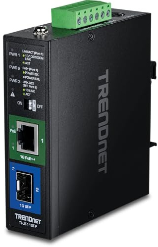 TRENDnet TI-UF11SFP gehärteter industrieller SFP-Gigabit-UPoE-Medienkonverter, IP30-Gehäuse, einschließlich DIN-Schienen- und Wandhalterungen, Betriebstemp. -40 bis 75 ° C (-40 bis 167 ° F) | Bis zu 95 W Leistung, NDAA- und TAA-konform, IP50-bewertetes Gehäuse, Multi- oder Einzelmodus