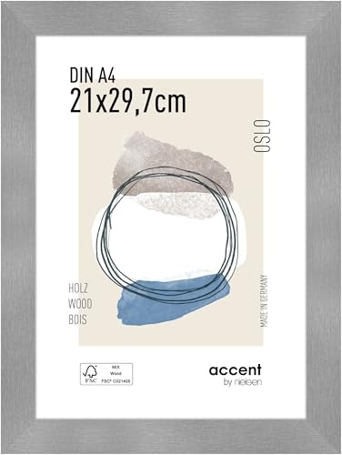 accent by nielsen Holz Bilderrahmen Oslo, 21 x 29,7 cm (A4), Silber | Holz Dokumentenrahmen im Hoch- & Querformat zum Aufhängen Silber gebürstet Echtglas