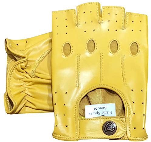 Prime Fingerlose Echtleder-Handschuhe für Motorradfahrer, Halbfinger, 309 (gelb, L)