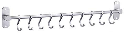 YunNasi Kitchen Rail with 10 Hooks 60cm Kitchen Utensils Rack with Adhesive Pads Aluminum Hanging Rail Rack Wall Mounted Hanger Organizer for Bathroom (Silver, 60 CM)
