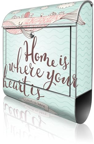 banjado Design Briefkasten personalisiert 38,5x46,5x13cm & 2 Schlüssel - Briefkasten Stahl Weiß Zeitungsfach pulverbeschichtet - Postkasten A4 Einwurf inkl. Montagematerial - Motiv Herzensangelegenhei