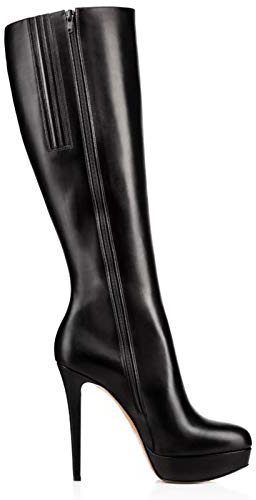 TIKENBST Talon Aiguille Talons Hauts Bottes Noires en PU Bottes à Bout Pointu Et Fermeture à Glissière Mi-Tube,Black-42