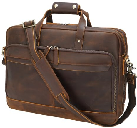 Masa Kawa Leather Briefcase for Men 17 Laptop Shoulder Messenger Bag Vintage Brown Business Travel Work Lawyer Attache Case,Large