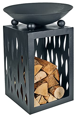 Brasero carré en acier noir mat de 65 cm avec espace de rangement pour exterieur