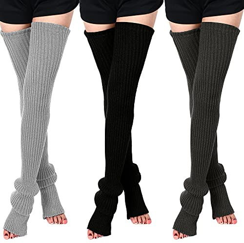 SATINIOR 3 Pairs Thigh High Leg Warmers Knit Long Leg Warmers Warm Sweater for Women Footless Socks(Black, Dark Grey, Light Grey)