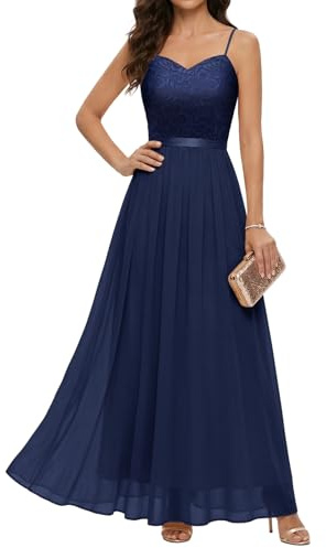 DRESSTELLS Abendkleider Elegant für Hochzeit Dunkelblau Festlich Ballkleid Damen Lang Brautkleid Standesamt Brautjungfernkleider mit Träger Jugendweihe Kleider Navy L