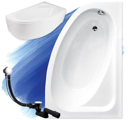 BADLAND Badewanne Original Weiß Acryl Wanne Eckbadewanne CORNEA 140x80 Rechts KOMPLETTSET SET mit Weiß Acrylschürze + Füßen und Exklusive Chrom Automatik Ablaufgarnitur Made in EU 4in1