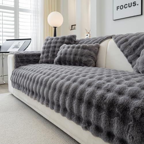 Weiche Plüsch Sofabezug Waschbar - Neue Rutschfeste Sofa überzug 1 2 3 4 Sitzer Couch überzug für Sektionssofa, Flauschiger Kunstpelz Sofa Sitzkissenbezug L Form Möbelschutz (Dunkelgrau, 90x120cm)