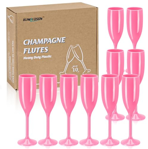 XUWAIDSGN Champagne Flute Acrylic Champagne Glasses Wedding Toasting Champagne Flute Goblet Plastic Reusable Unbreakable Champagne Cups for Bachelorette Wedding Bridal Shower Party (Pink, 10)