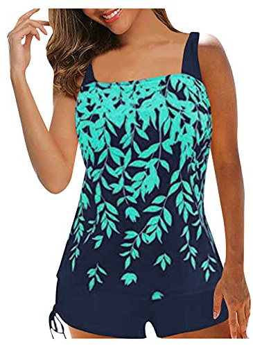 Women's Swimming Two Piece Tankini Sets Push up Tummy Control High Waisted Swimsuits 2 Piece Swimwear Bathing Suit Beach Wear Tankini Top with Shorts for Ladies (bobo Bikini Lake Blue, XXL)