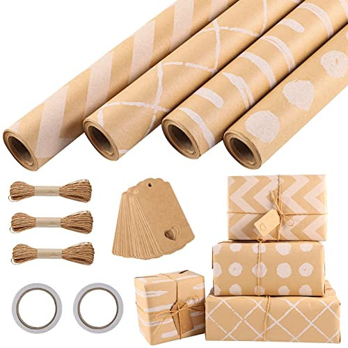 4 Rollen Geschenkpapier, 43 cm x 3 m, Geschenkpapier, Kraftpapier mit Etiketten, doppelseitiges Band, Jutegarn für Geburtstag, Hochzeit, Kommunion, Weihnachten