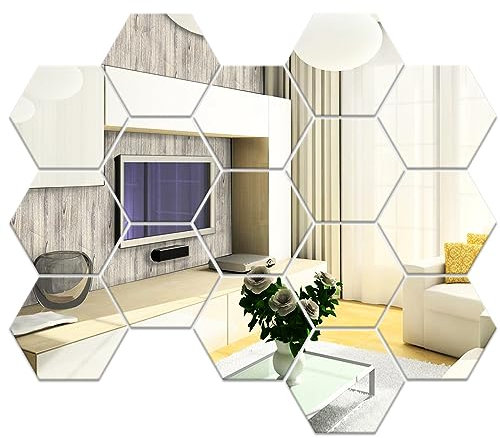 Frevoitna 16 Piezas Espejo Adhesivo Hexagonal, Espejos Adhesivos de Pared de Acrílico Plata 177×153×90mm, Pegatinas de Pared Espejo para Decoración del Hogar, Sala de Estar, Baño,Dormitorio