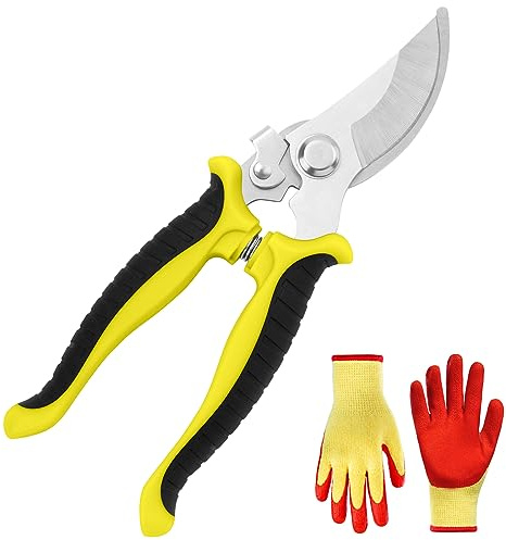 OFFCUP Trädgårdssekatörer, blomstersax, bypass sekatörer sekatör sax sax med handskar, trimmer, klippare med låshandtag, trädgårdsgåvor för män (gul)