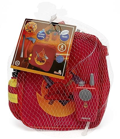 Simba Feuerwehr Rucksack Set, Feuerlöscher mit Sprühfunktion, Axt, Funkgerät mit Sound, Brechstange und Marke, Rollenspielzeug, ab 3 Jahre