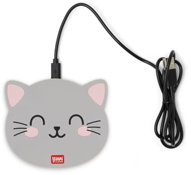 Legami Grey Cat Wireless Smartphone charger pad up to 10W. USB/USB-C cable included