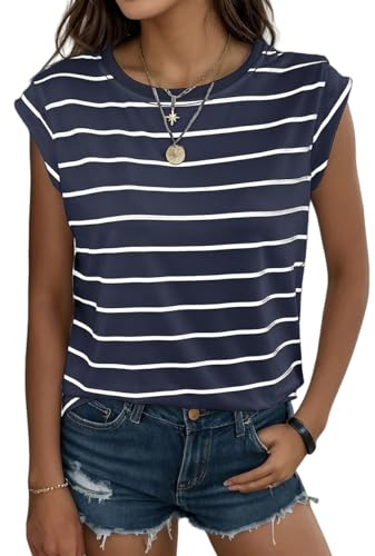 Yutila Maglietta da donna senza maniche, scollo rotondo, casual, a righe, estiva, basic, Blu, S