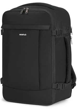 ECOHUB 20L Zaino Ryanair 40x20x25, Zaino Da Viaggio Aereo Bagaglio a Mano Con Scomparto Per Laptop 3D, Resistente all'Acqua Bagaglio a Mano 40x20x25 Ryanair, Riciclato Zaino Viaggio Donna Uomo, Nero