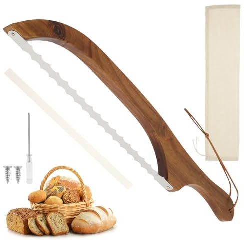 MENIBBLER Wooden Bread Bow Knife, Serrated Bread Bow Cutter, Stainless Steel Sourdough Bread Knife, Professional Bread Knife Cutter with Wooden Handle for Homemade Bread Sourdough Bagel Cake Fruit