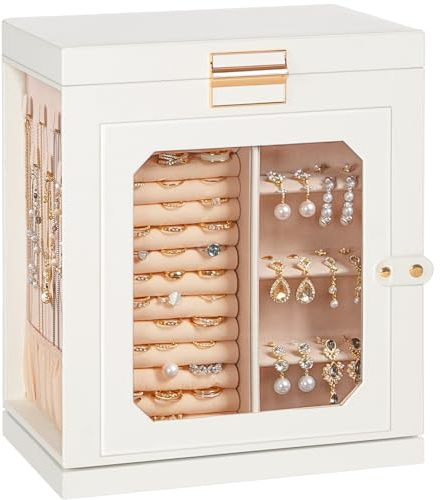 HOOBRO Schmuckkästchen, 360° drehbar, Schmuckkasten mit 6 Schubladen und Glasfenster, vertikale Schmuckbox, Schmuckaufbewahrung, geeignet für Halsketten, Ringe, Ohrringe, Weiß und Goldfarben EWT16JB04
