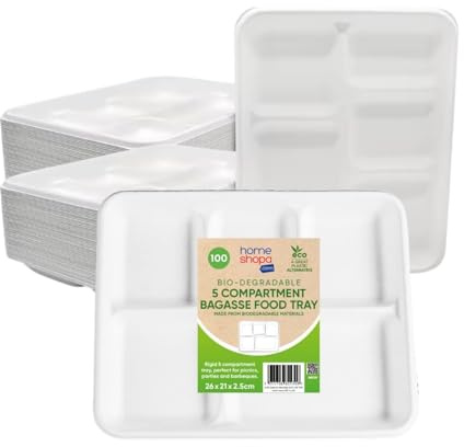 HOMESHOPA Bagasse Plates, 50 Pack 5 Compartment Biodegradable Disposable Sugarcane Paper Plates, Heavy Duty Compostable ECO Friendly Super Rigid White Dinner Plates for Party Picnic BBQ