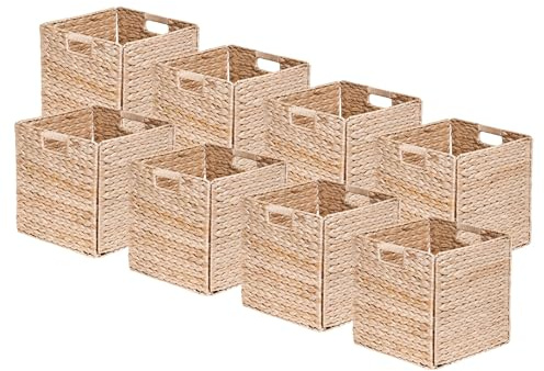 Box and beyond - Lot de 8 Paniers de Rangement - 31 x 31 x 31 cm - Jacinthe d'eau Naturelle - Pliables - Avec Poignées - Rangement, Déco - Chambre, Salon, Bureau - Style Bohème et Chic