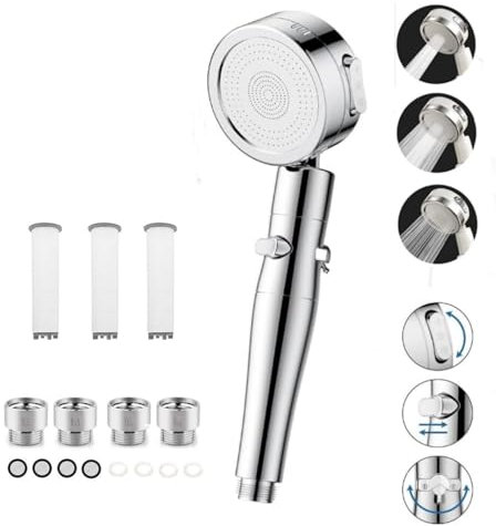 aichilra Duschkopf mit Filter, Wassersparend Duschkopf, Hochdruck Handbrause mit 3 Wasserstrahlmodi, stoppfunktion, kalkabweisende Funktion, Process für Baden und Spa, Chrom, Silber