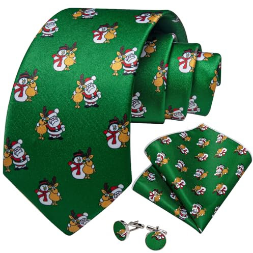 DiBanGu Weihnachtskrawatten für Herren, Seidenkrawatte und Einstecktuch, Set mit Manschettenknöpfen, Themenparty, formelle Feste, Weihnachten, Grün-weißer Weihnachtsschneemann, Einheitsgröße