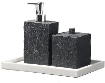 CCKUHN 3er-Pack Badezimmer-Accessoires mit Steinstruktur, Geschenk-Set aus Seifenspender und Wattestäbchen-Box, Tablett, Moderne Badezimmerdekoration, Schwarz, Einheitsgröße (Schwarz, EIN
