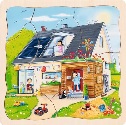 goki 57322 - Schichtenpuzzle Wir Bauen EIN Haus, 3 Schichten mit Motiven von Hausbauphasen, fördert Motorik und Problemlösungsfähigkeit der Kinder, 20cm x 20cm, 35er Set, ab 3 Jahre