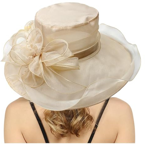 SRZYMJ Kentucky Hut für Damen, Organza-Derby-Hut, Braut, Hochzeit, Kirche, Teeparty, breite Krempe, Sommer-Sonnenkappe Sonnenhut Damen Gewebtem Muster Fischerhut Picknick Herren