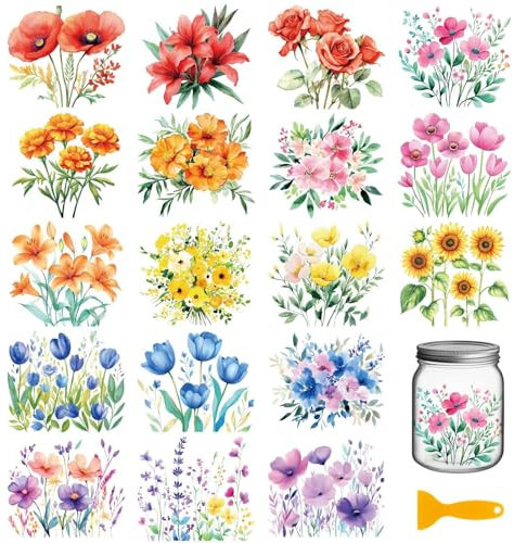 GLOBLELAND 18 Sheets Artistic Flowers and Plants Transfer Stickers 3.9x3.6inch Poppies Decals Stickers Tulips Rub on Transfer for Furniture Vase Glass Mason Jar Decorations Art Crafts