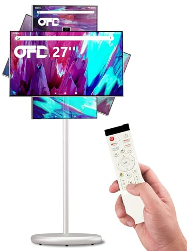 OFD 27 FHD Smart Portable TV,Rolling TV mit Rädern,Android 15 OS,6GB + 128GB Speicher,Tragbarer Touchscreen Monitor,13MP Kamera,Eingebauter Akku,60Hz Bildwiederholrate,Sprachfernbedienung