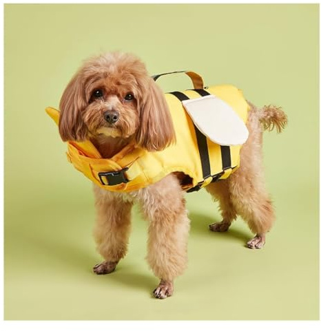 Flytväst for hund Justerbar flytväst for hund, flytväst, kappa for husdjurslivskydd med handtag for simning, surfing, båtliv for liten hund Valp Stor hund (XL, gult bi)(Yellow Bee,L)