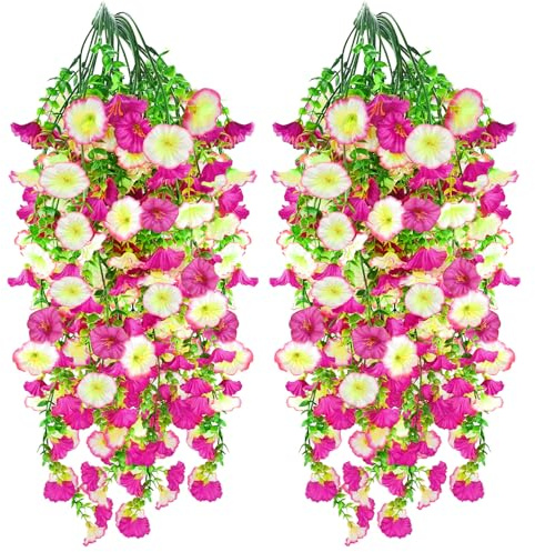 Kunstblume Hängend Petunien Seidenblumen - 4 Stück Künstliche Hängepflanzen Wetterfest Künstliche Blumen Ranken Plastik Hängepflanze UV-Beständig Hängende Kunstpflanzen für Innen Balkon Outdoor Garten