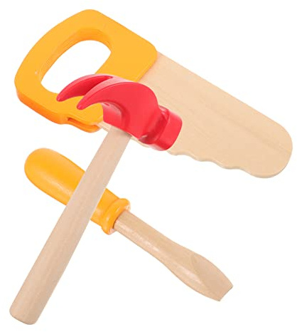 FRCOLOR Holz Werkzeugspielset für Teiliges Simulationsset mit Holzhammer Schraubendreher und Säge Robustes Motorikspielzeug Feinmotorik Bauarbeiter Set für Kleinkinder