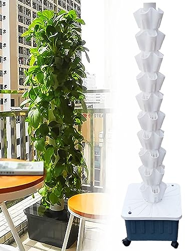 Hydroponischer Turm, Set, 8/10/12 Stockwerke, 40/50/60 Löcher, Aquaponik-Anbausystem, Garten-Aeroponik-Anbauset für Kräuter, Obst und Gemüse mit Wasserpumpe, Adapter, Netztöpfen, Weiß-10 ETA