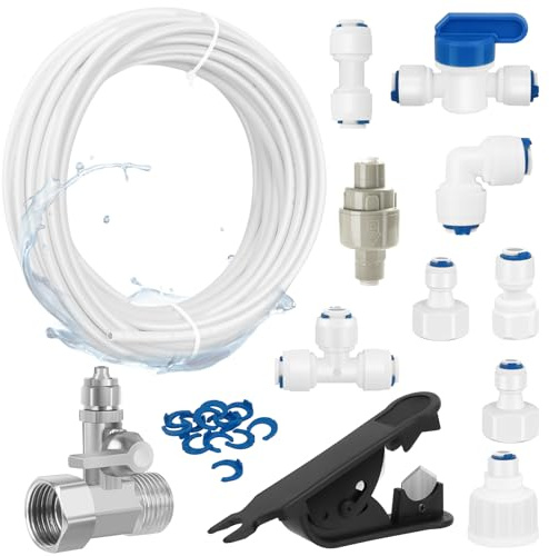 15m Tuyau d'Alimentation en Eau Universel, 25 Pièces Kit de Connecteur de Tuyau de Réfrigérateur 1/4, pour Réfrigérateur (Type T+ I+ L+ Vanne d'Arrêt + Vanne de Réduction de Pression + Coupe-tube)