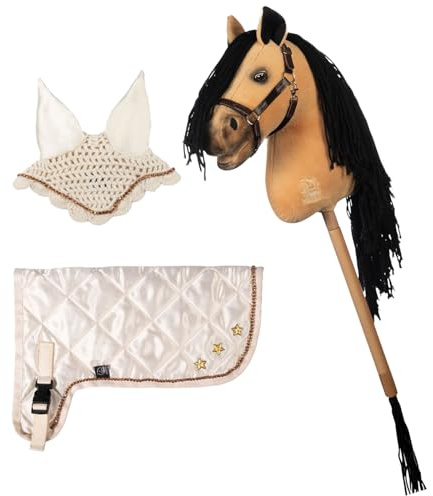 Brama West HKM Hobby Horse Premium Set – Steckenpferd mit Premium Decke & Fliegenhaube in Beige – mit Glitzersteinen & Stickerei – Kinder Hobby Horsing (Buckskin-Beige)