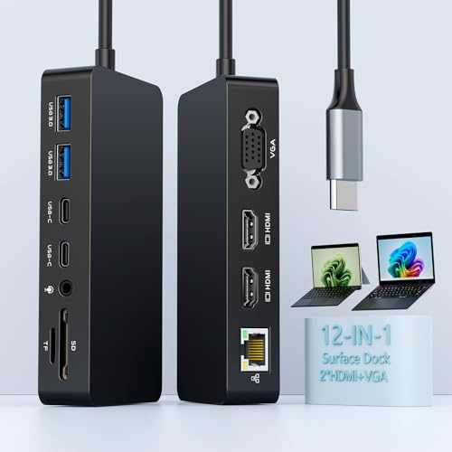 Surface Thunderbolt 4 Dock with 100W Power Supply - 12 in 1 Surface Pro Docking Station with Dual HDMI+VGA for Surface Pro 11/10/9/8/X/7+,Surface Laptop,Surface Go - 2 Year Warranty