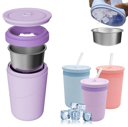 Botella con Cubitos de Hielo, Vaso Acero Inoxidable,Pajita 2 en 1,Púrpura | Doble Pared Aislante, Sin BPA, Reutilizable, Ideal para Slush, Camping y Oficina
