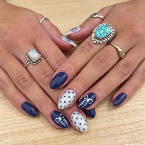 Floruvia 24 Stück Kurze Mandel Press On Nägel, Blaue Full Cover Kunstnägel Mit Weißer Schleife Und Punkten, Wiederverwendbare Klebenägel Für Alltag Frühling Sommer