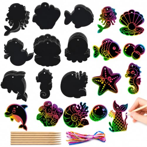 Fesnova 24 Stück Kratzbilder Kinder Ozean, Kratzkarten Set mit Holzstiften und Bändern, Scratch Art Bastelset Meerestiere, DIY Kratzpapier für Kindergeburtstag Mitgebsel Geschenk