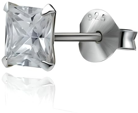 5MM MENS Princess Cut/Square Simulated Diamond Cubic Zirconia (CZ) Sterling Silver Stud Earring/Ear Stud for Men Boys Unisex - White/Clear (Small) Single Stud - Beckham Style